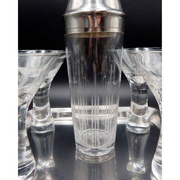 Home Essentials Hex 11 Martini Cocktail Set Shaker Tray Glasses S/4 Etched Lines - Picture 2 of 13